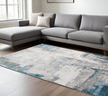 8 X 10 Gray Blue And Ivory Abstract Area Rug With Fringe