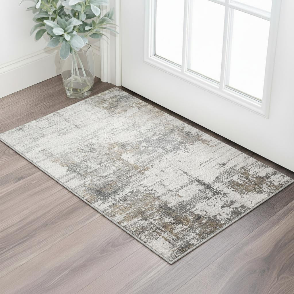 2 X 3 Ivory Gray And Brown Abstract Area Rug With Fringe