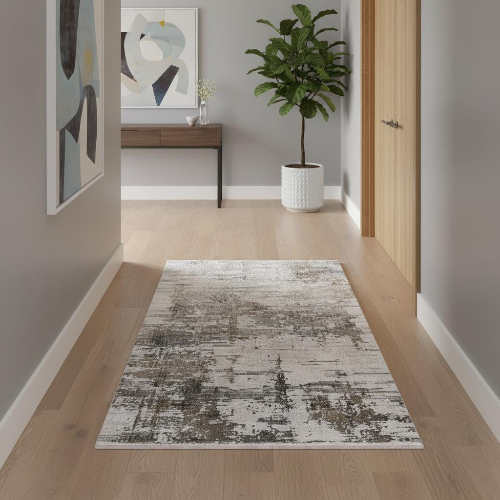 3 X 10 Ivory Gray And Brown Abstract Runner Rug With Fringe