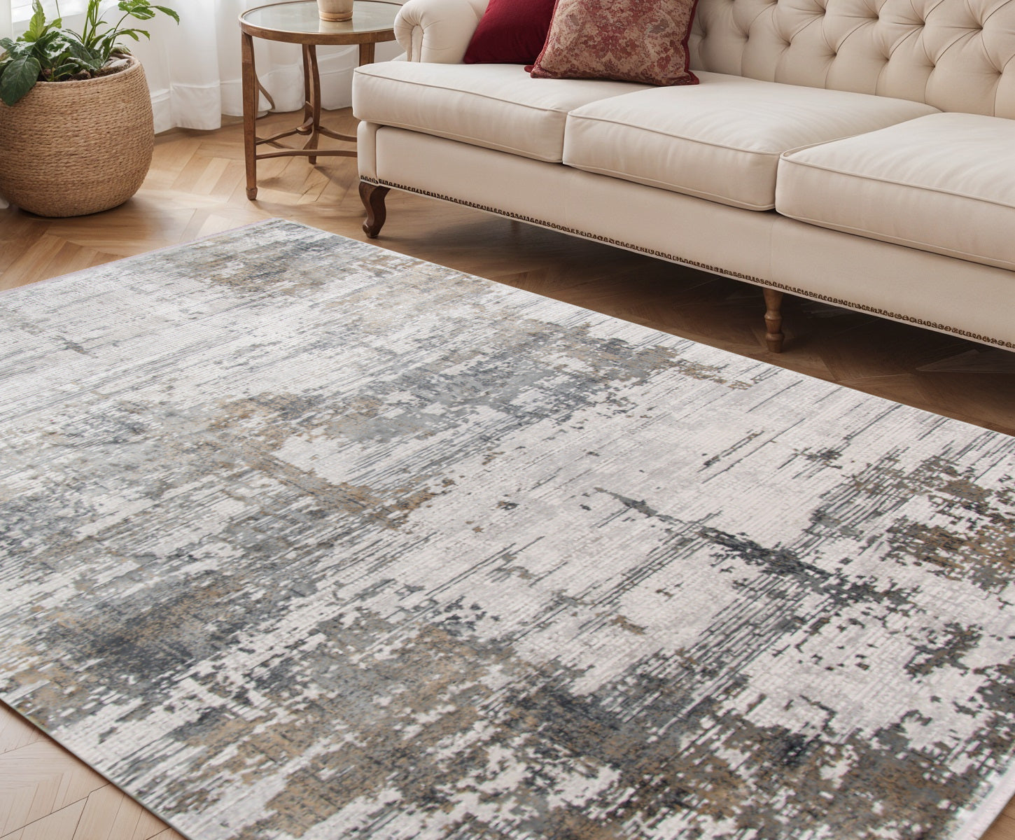 5 X 8 Ivory Gray And Brown Abstract Area Rug With Fringe