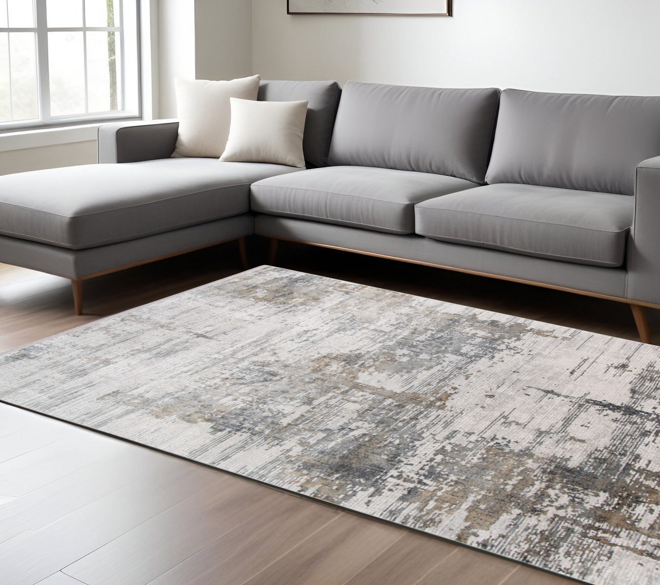 8 X 10 Ivory Gray And Brown Abstract Area Rug With Fringe