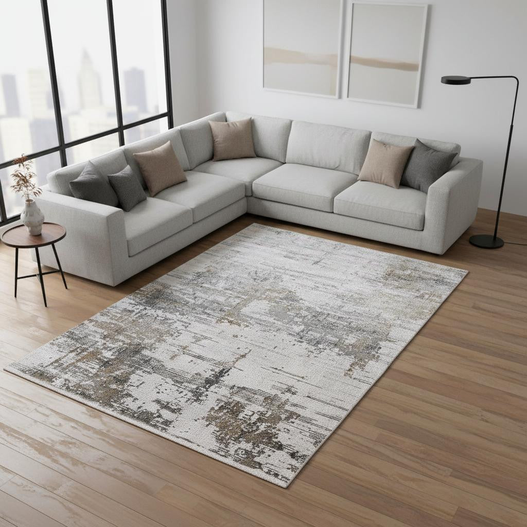 8 X 12 Ivory Gray And Brown Abstract Area Rug With Fringe