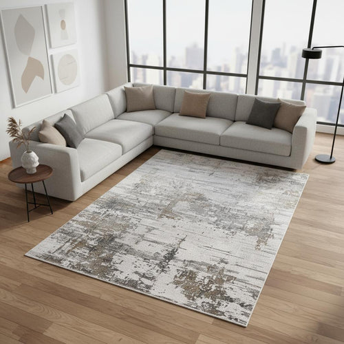 10 X 14 Ivory Gray And Brown Abstract Area Rug With Fringe