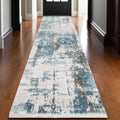 3 X 10 Ivory Blue And Brown Abstract Runner Rug With Fringe