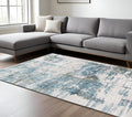 5 X 8 Ivory Blue And Brown Abstract Area Rug With Fringe