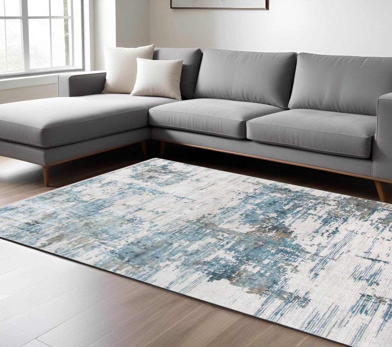 5 X 8 Ivory Blue And Brown Abstract Area Rug With Fringe