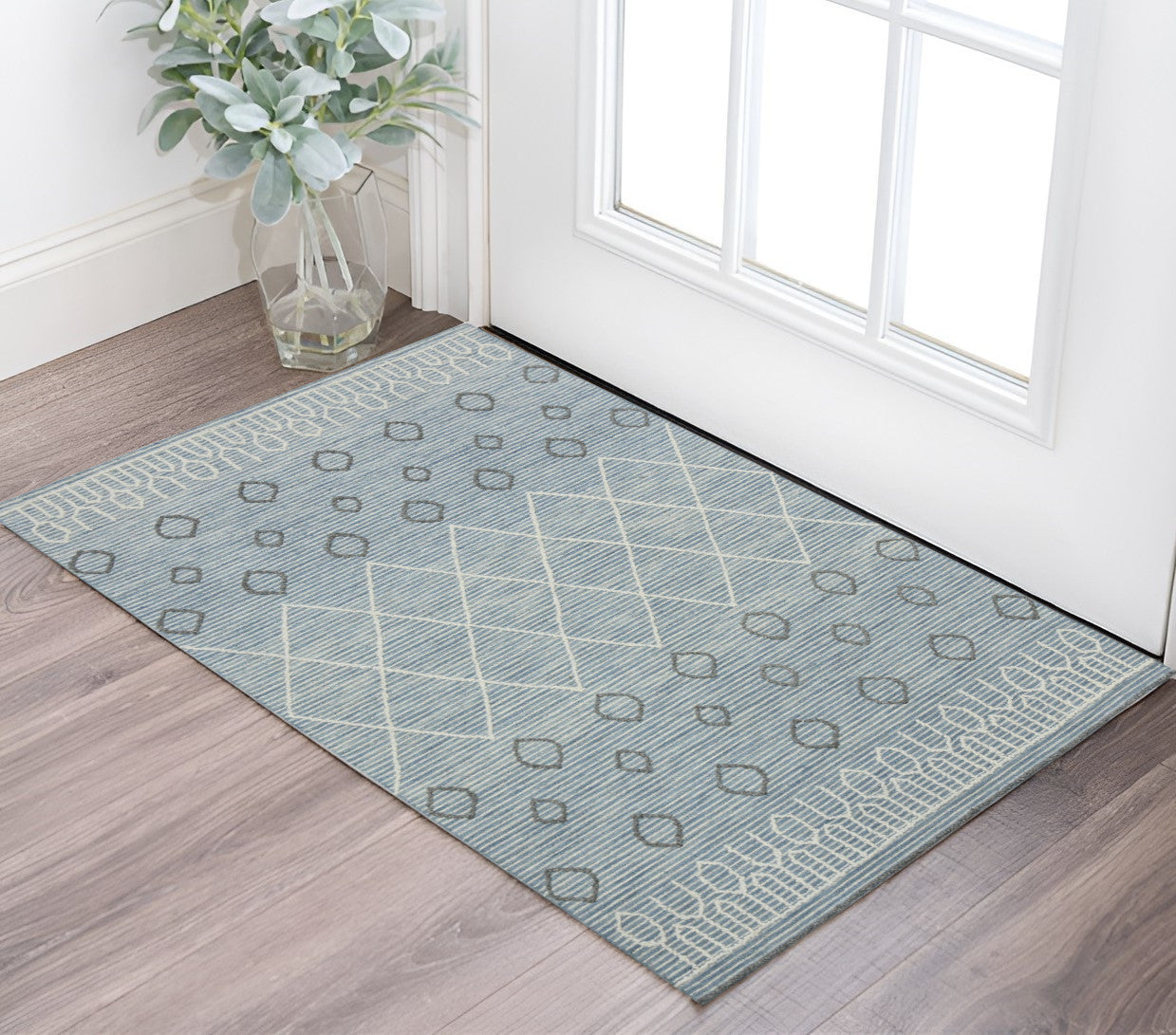2 X 3 Blue Gray And Ivory Wool Geometric Hand Hooked Area Rug