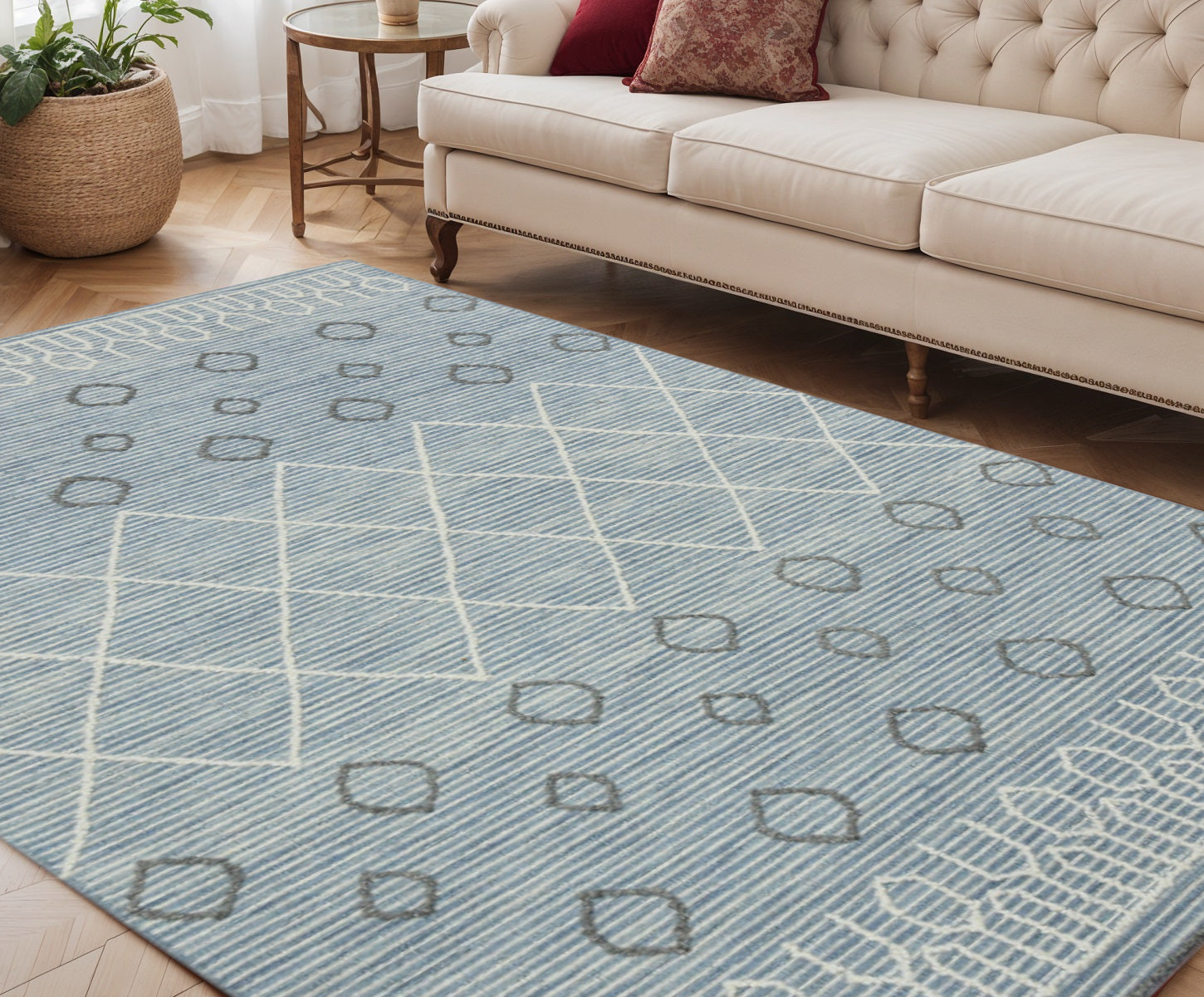 5 X 8 Blue Gray And Ivory Wool Geometric Hand Hooked Area Rug