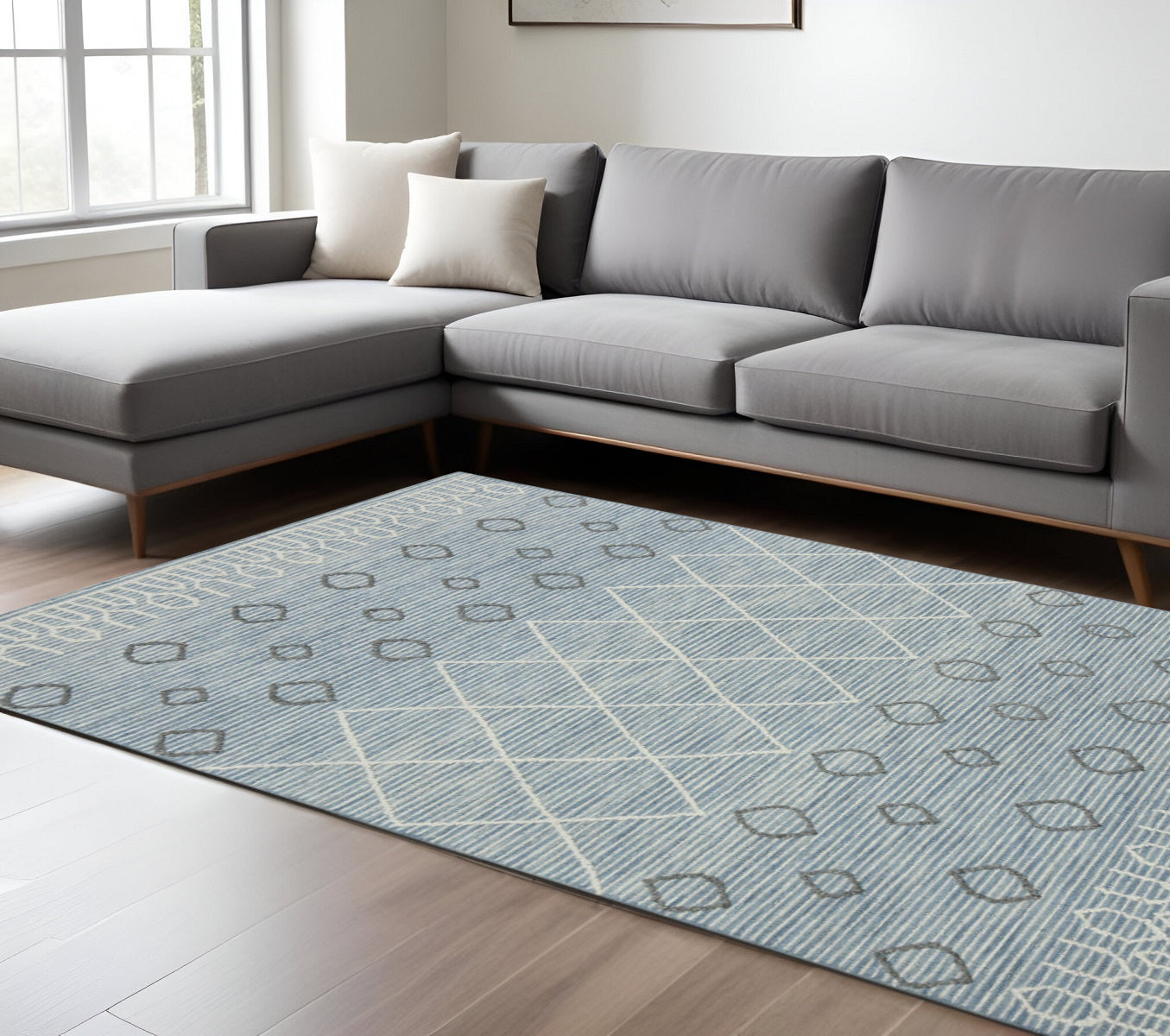 9 X 13 Blue Gray And Ivory Wool Geometric Hand Hooked Area Rug