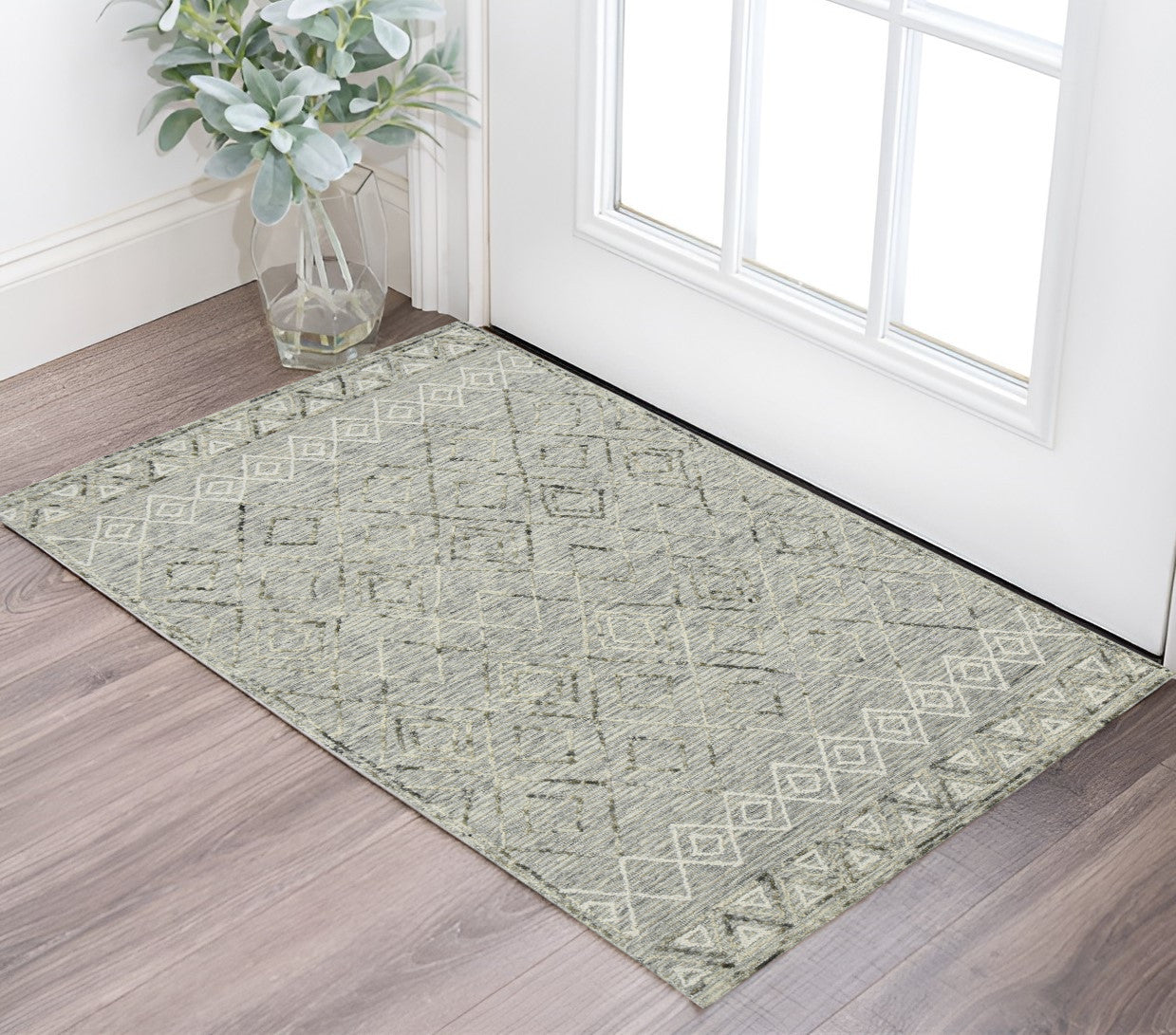 2 X 3 Gray Ivory And Black Wool Argyle Hand Hooked Area Rug