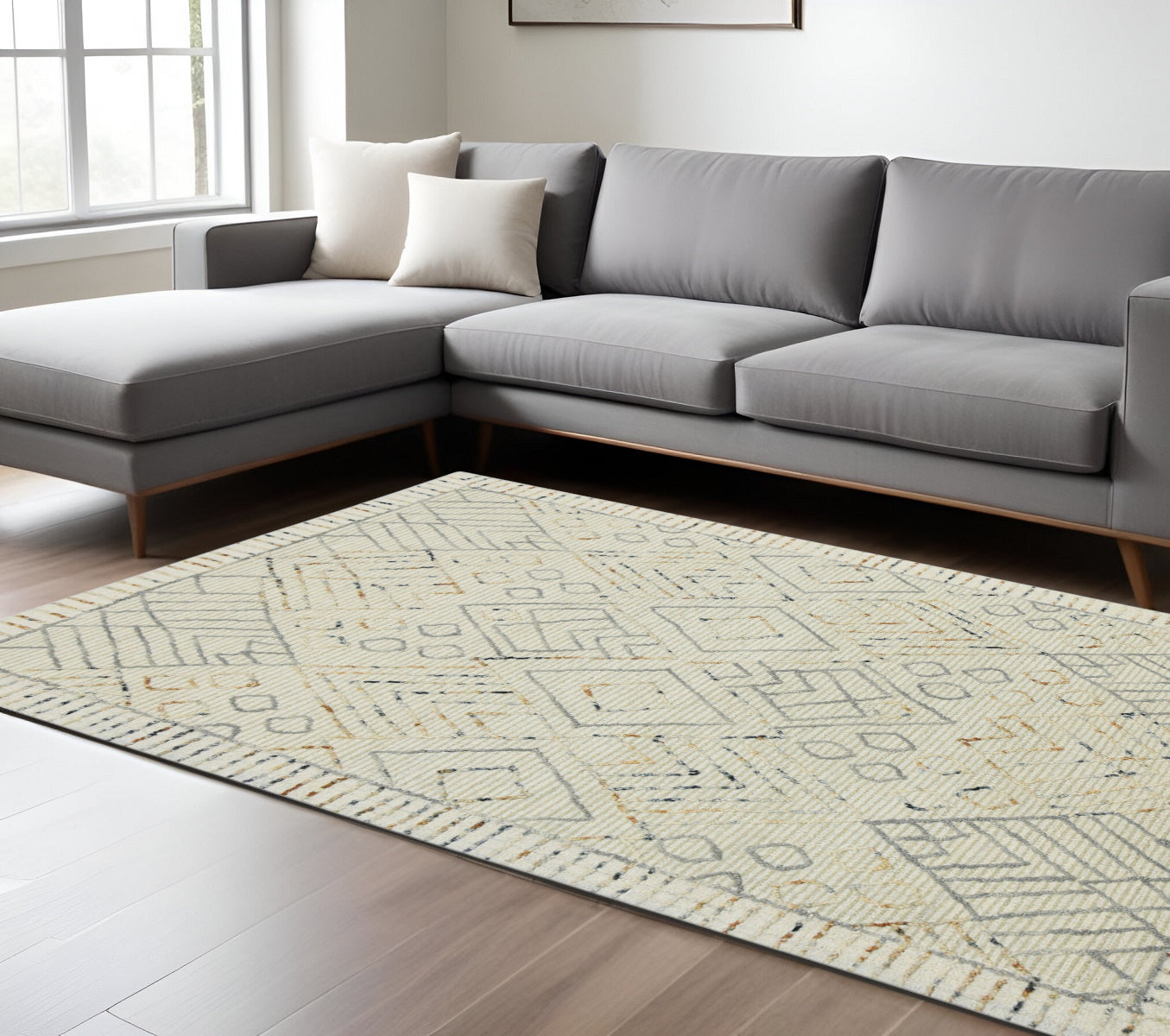 9 X 13 Ivory Gray And Rust Wool Southwestern Hand Hooked Area Rug