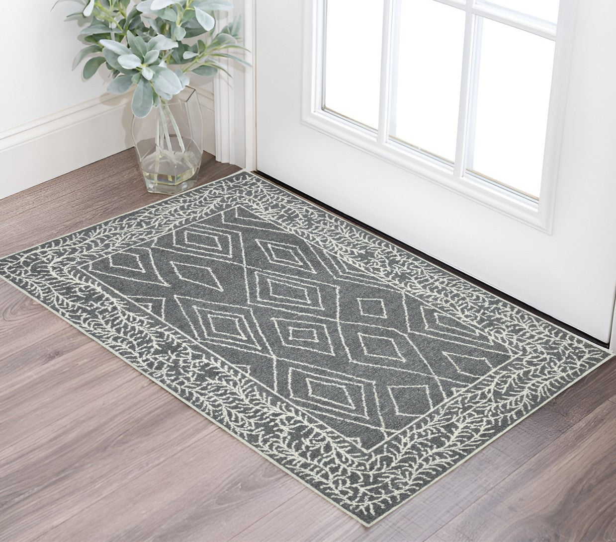 2 X 3 Gray And Ivory Wool Geometric Hand Hooked Area Rug