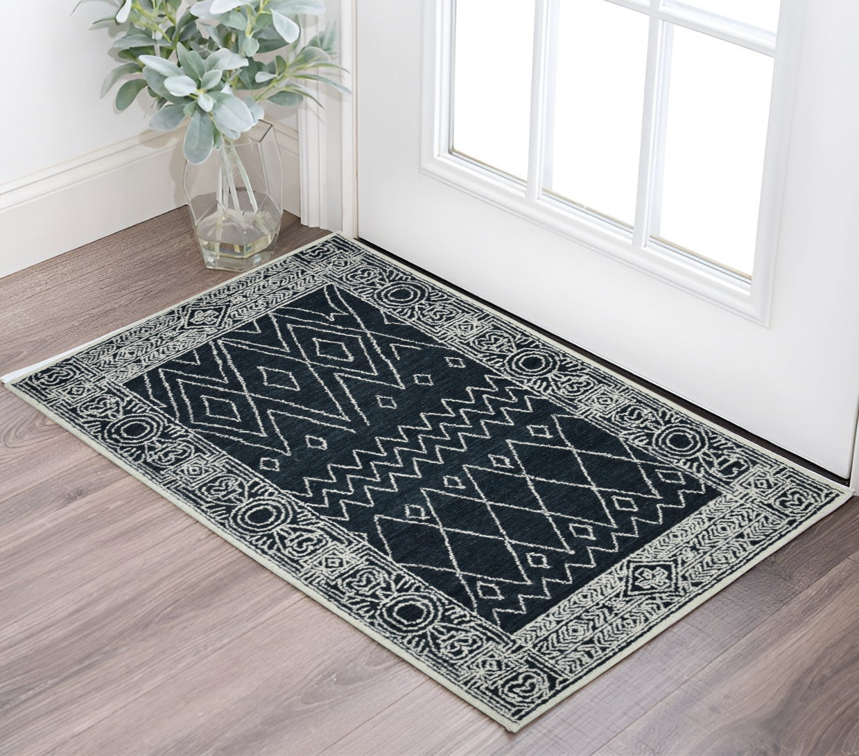 2 X 3 Charcoal And Ivory Wool Southwestern Hand Hooked Area Rug
