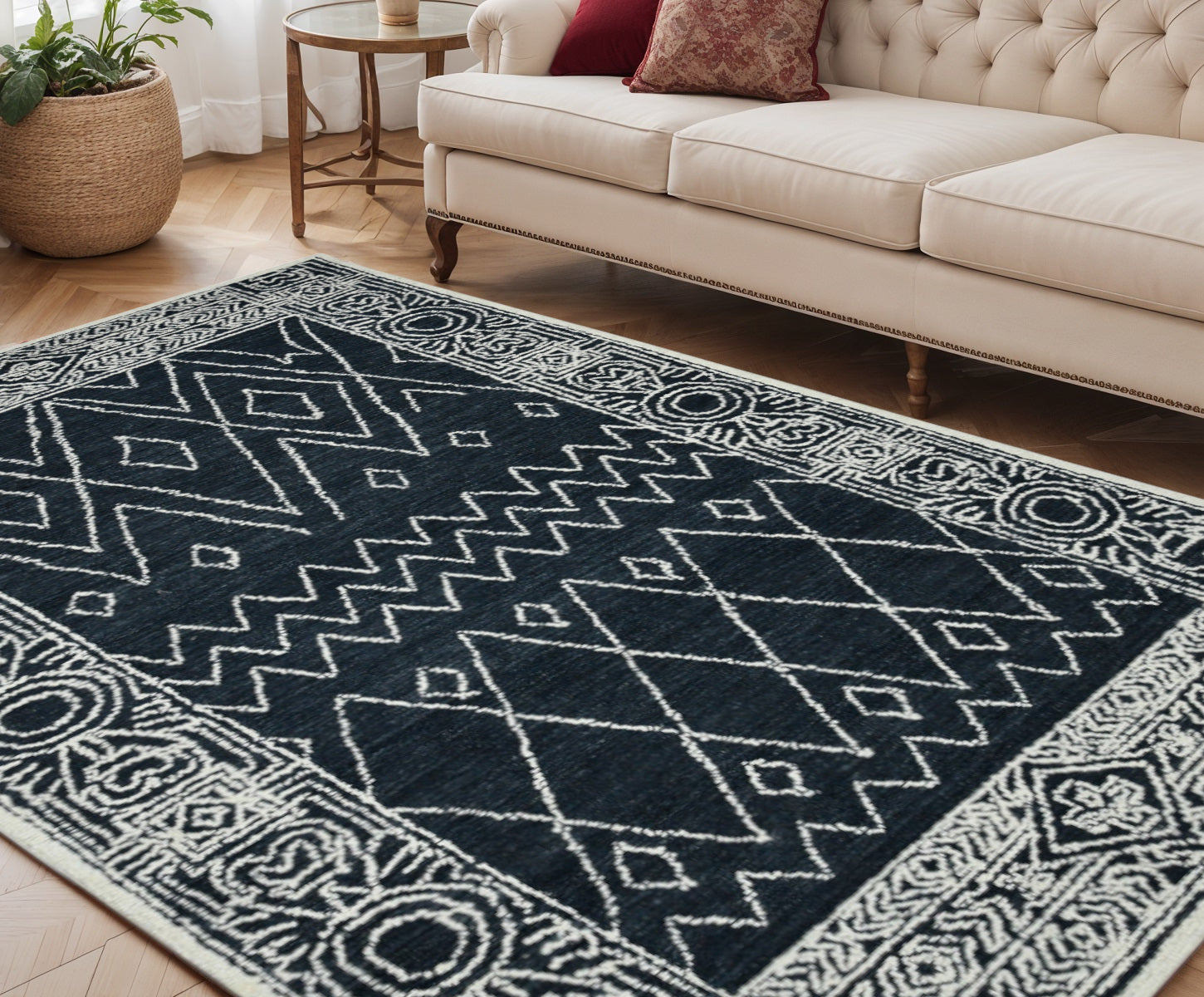 5 X 8 Charcoal And Ivory Wool Southwestern Hand Hooked Area Rug