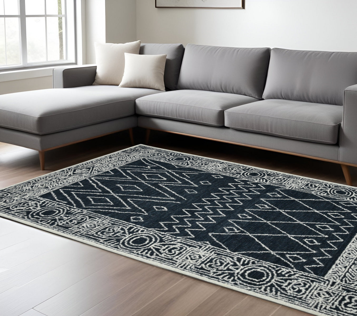 9 X 13 Charcoal And Ivory Wool Southwestern Hand Hooked Area Rug