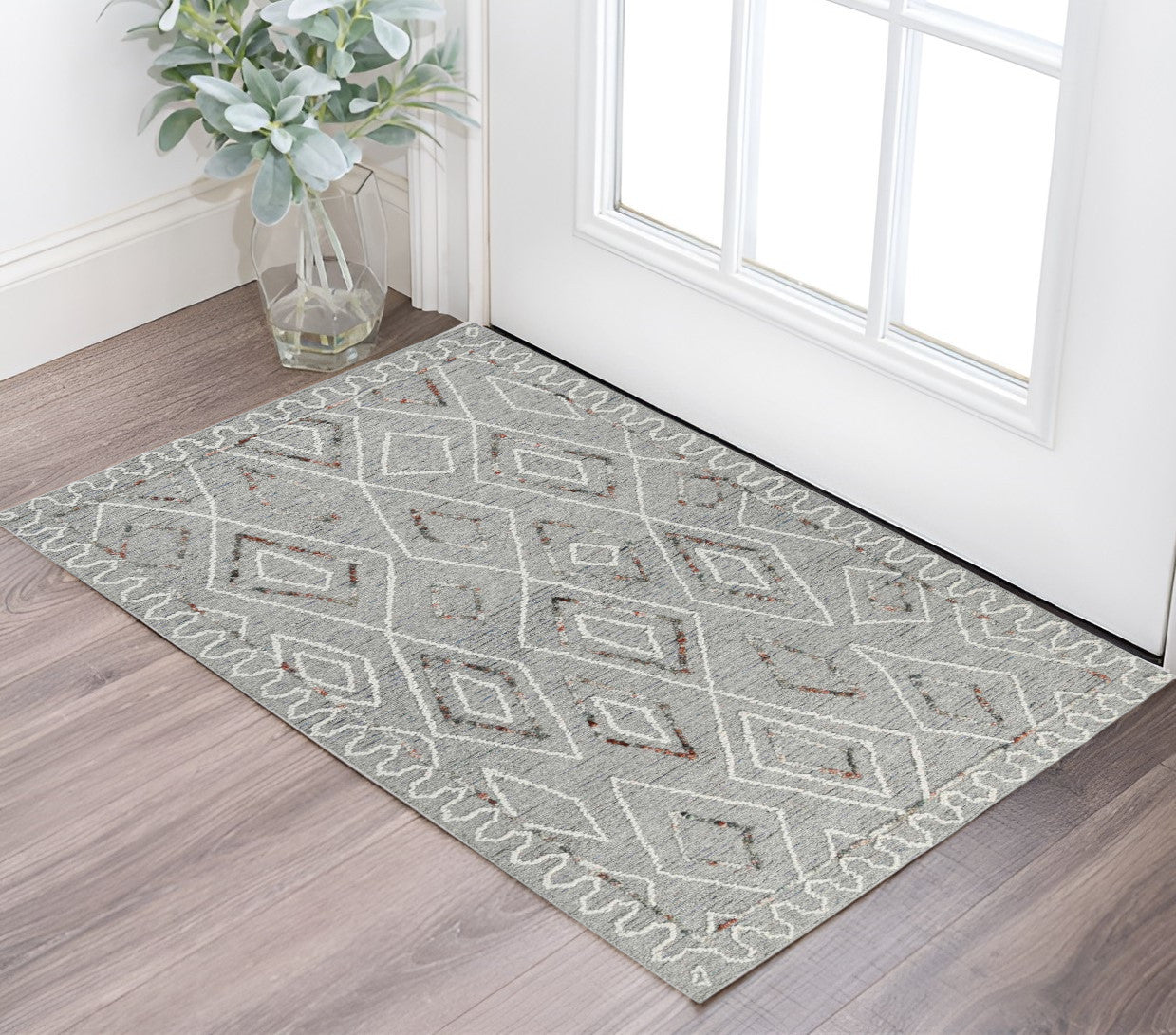 2 X 3 Gray Ivory And Rust Wool Geometric Hand Hooked Area Rug