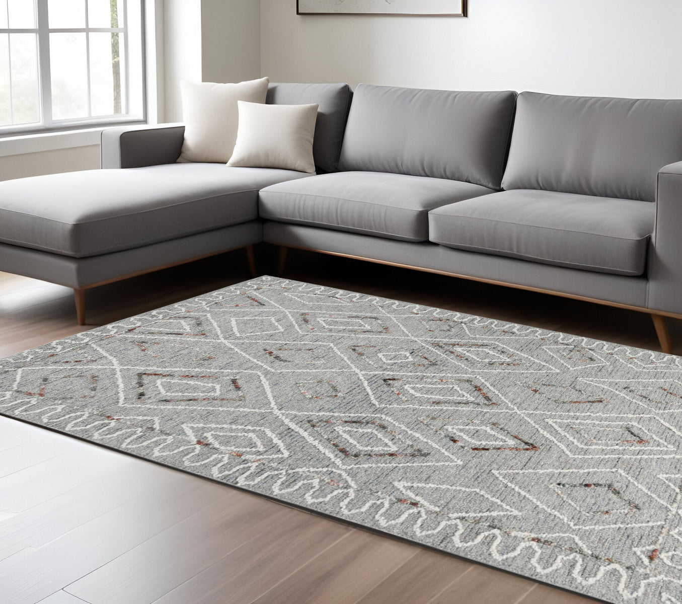 8 X 10 Gray Ivory And Rust Wool Geometric Hand Hooked Area Rug