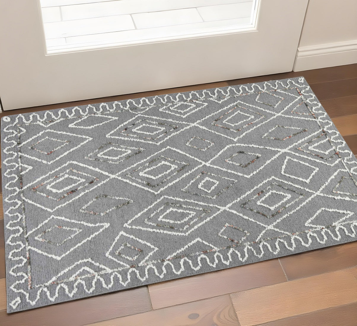 2 X 3 Dark Gray Ivory And Rust Wool Geometric Hand Hooked Area Rug