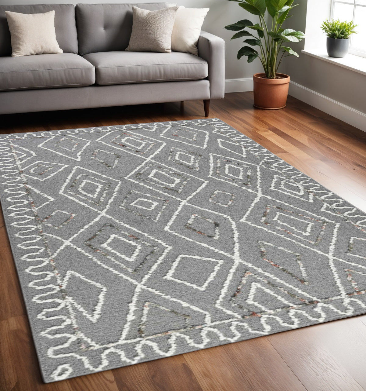 5 X 8 Dark Gray Ivory And Rust Wool Geometric Hand Hooked Area Rug