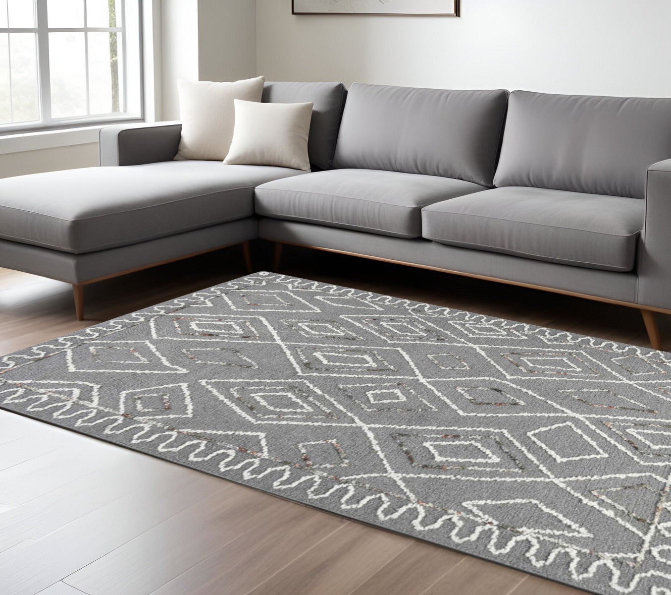 9 X 13 Dark Gray Ivory And Rust Wool Geometric Hand Hooked Area Rug