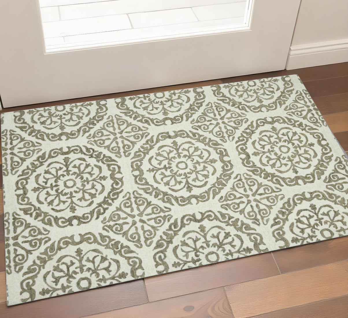 2 X 3 Ivory And Light Brown Wool Medallion Hand Hooked Area Rug