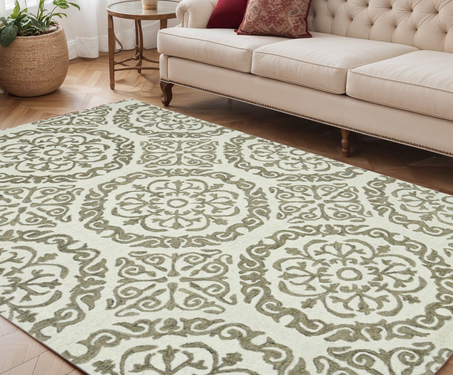 5 X 7 Ivory And Light Brown Wool Medallion Hand Hooked Area Rug