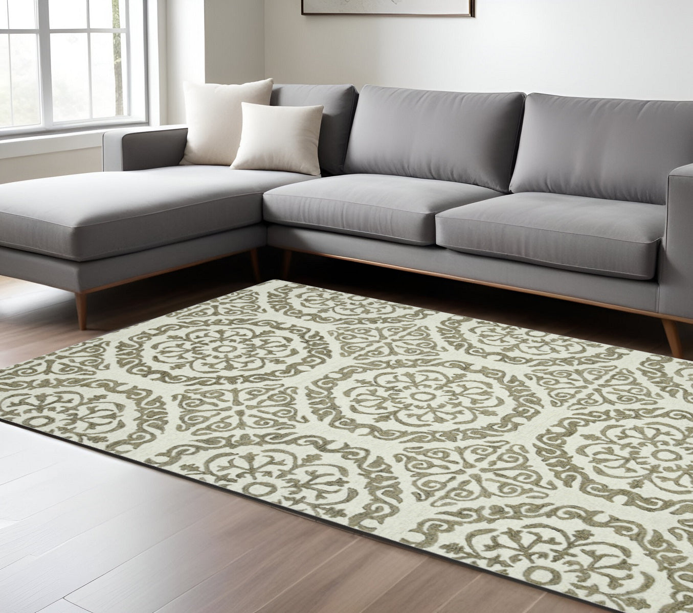 8 X 11 Ivory And Light Brown Wool Medallion Hand Hooked Area Rug