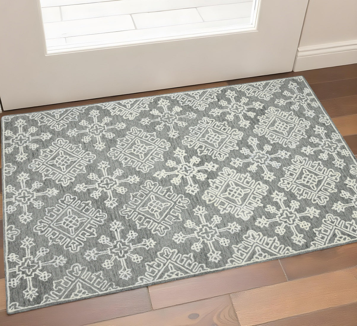 2 X 3 Gray And Ivory Wool Oriental Hand Hooked Area Rug