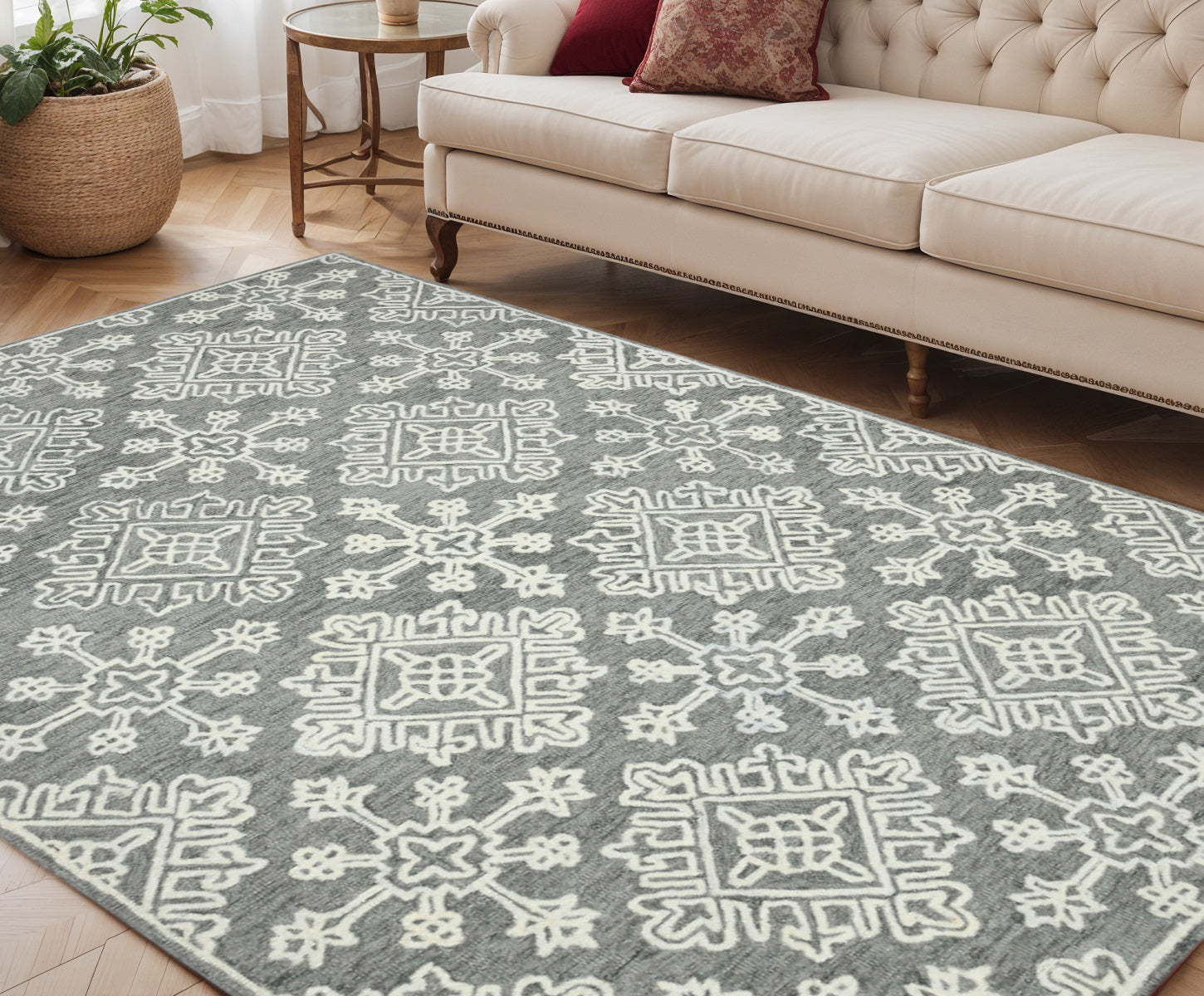 5 X 7 Gray And Ivory Wool Oriental Hand Hooked Area Rug