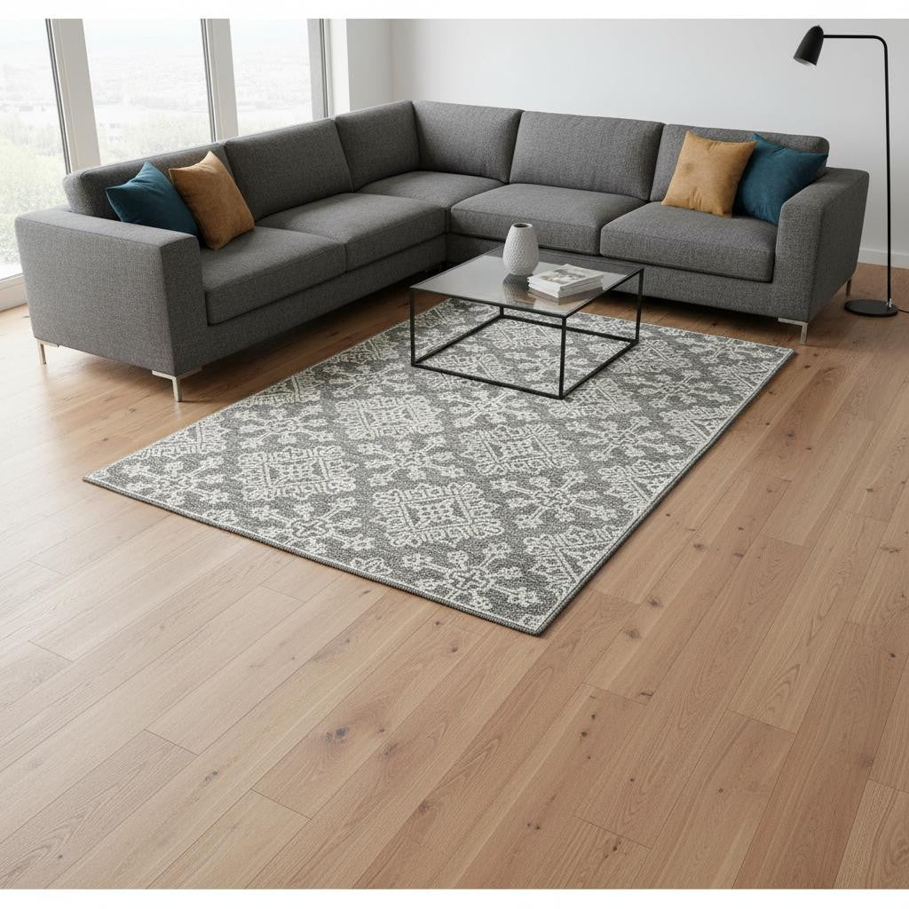 8 X 11 Gray And Ivory Wool Geometric Hand Hooked Area Rug