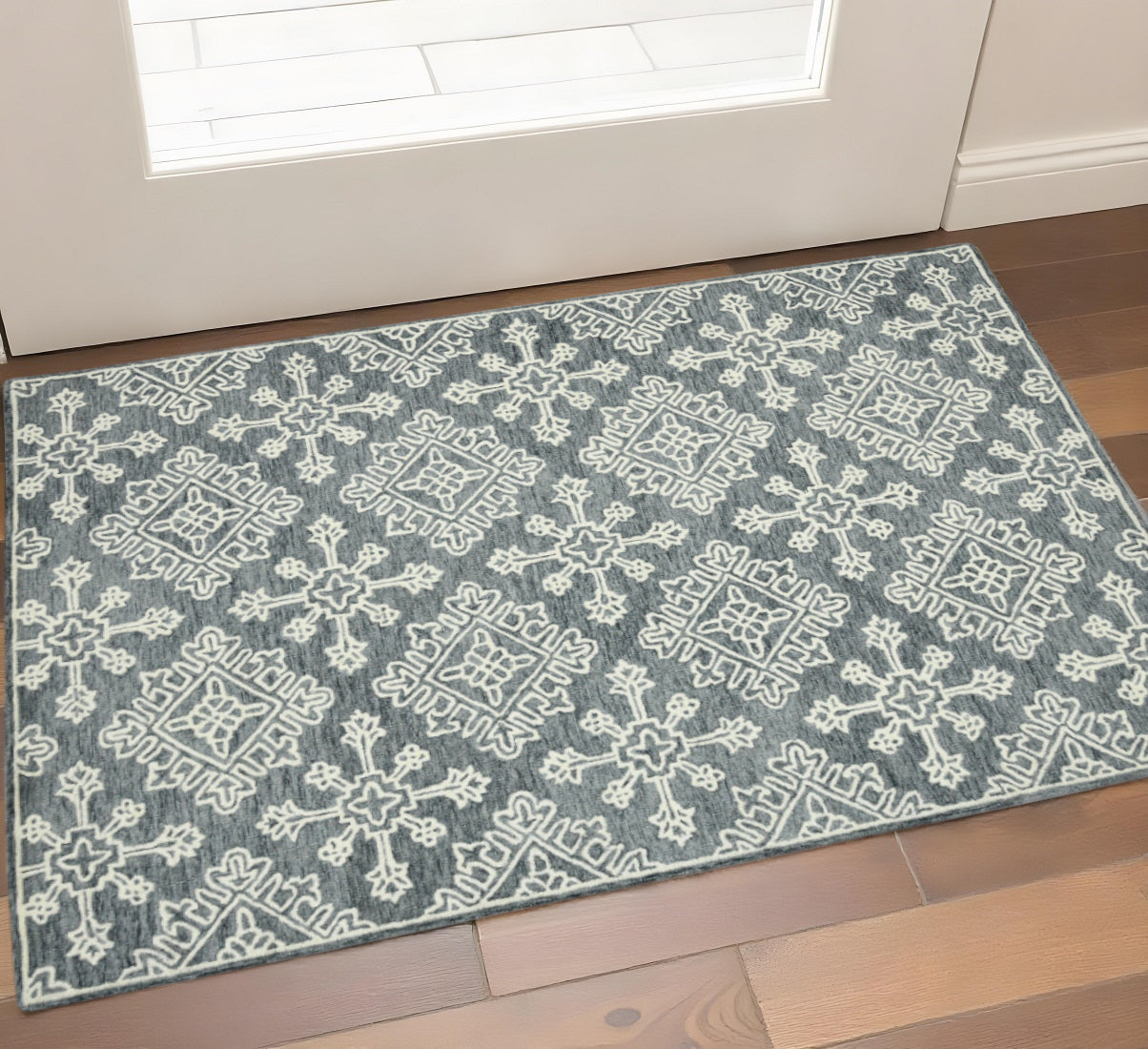 2 X 3 Dark Gray And Ivory Wool Oriental Hand Hooked Area Rug