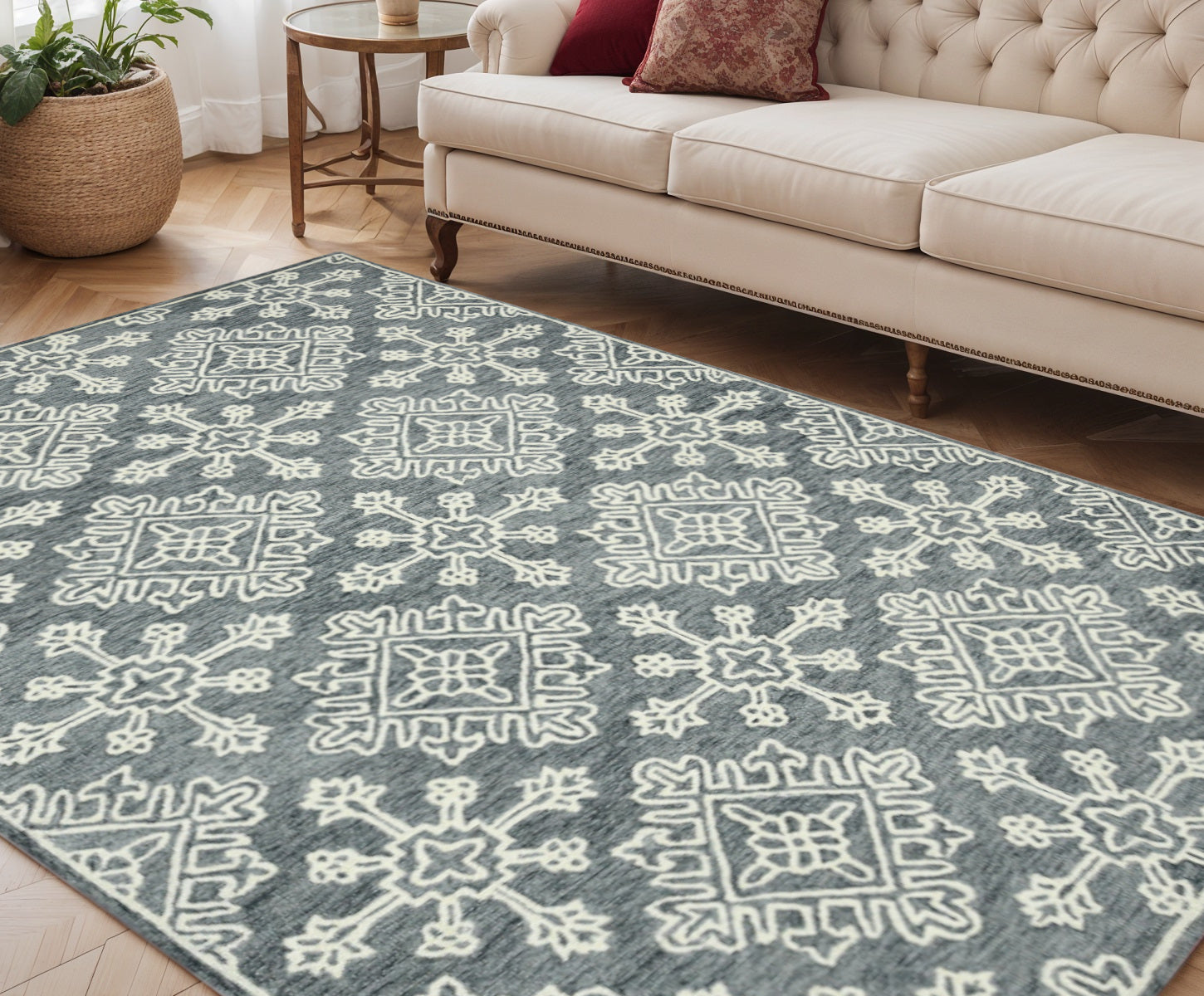 5 X 7 Dark Gray And Ivory Wool Oriental Hand Hooked Area Rug