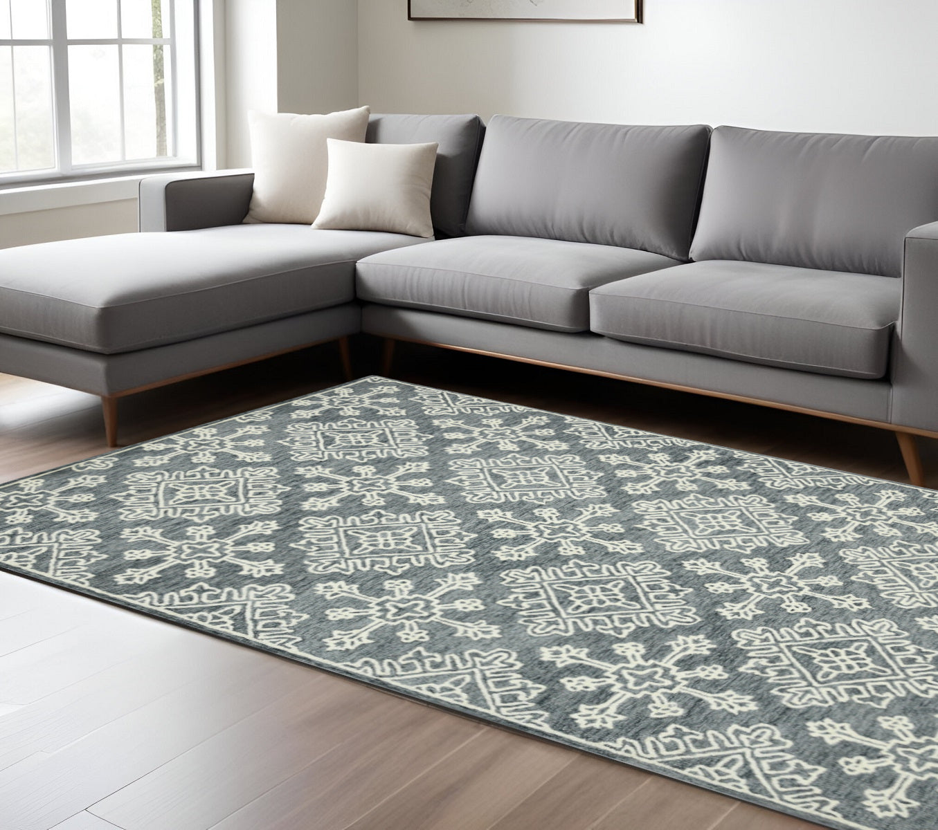 8 X 10 Dark Gray And Ivory Wool Oriental Hand Hooked Area Rug