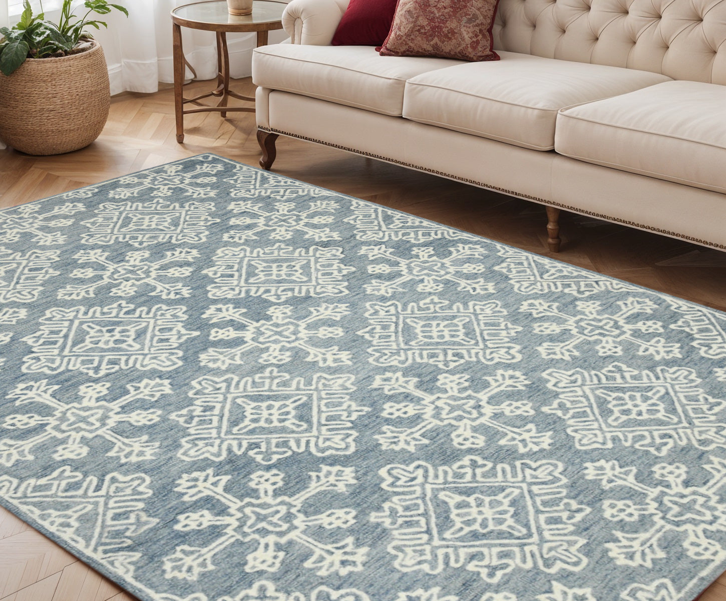 5 X 7 Sky Blue And Ivory Wool Oriental Hand Hooked Area Rug