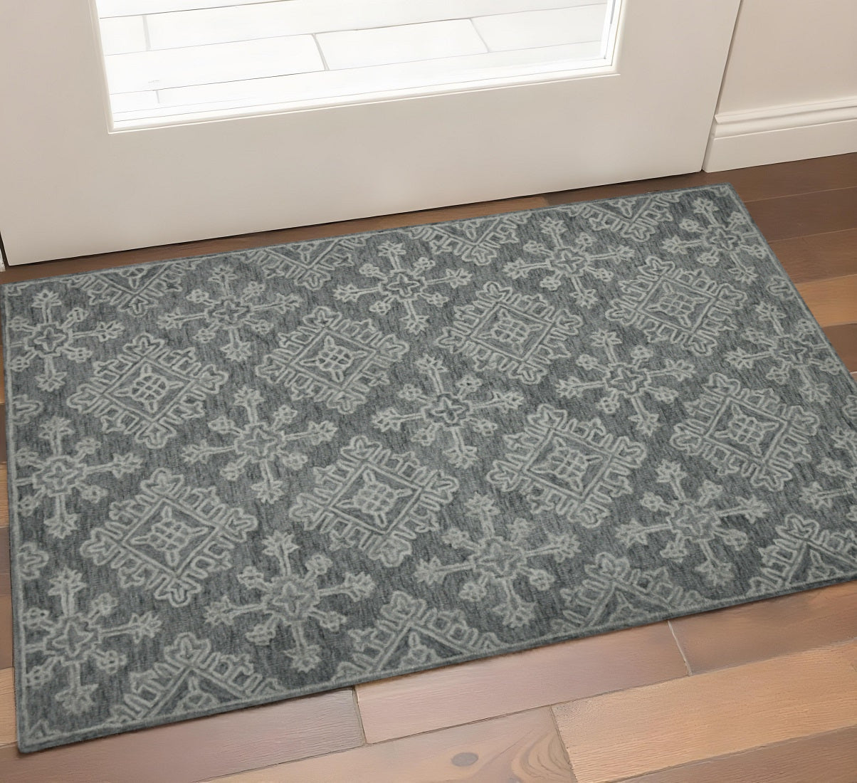 2 X 3 Graphite And Gray Wool Oriental Hand Hooked Area Rug