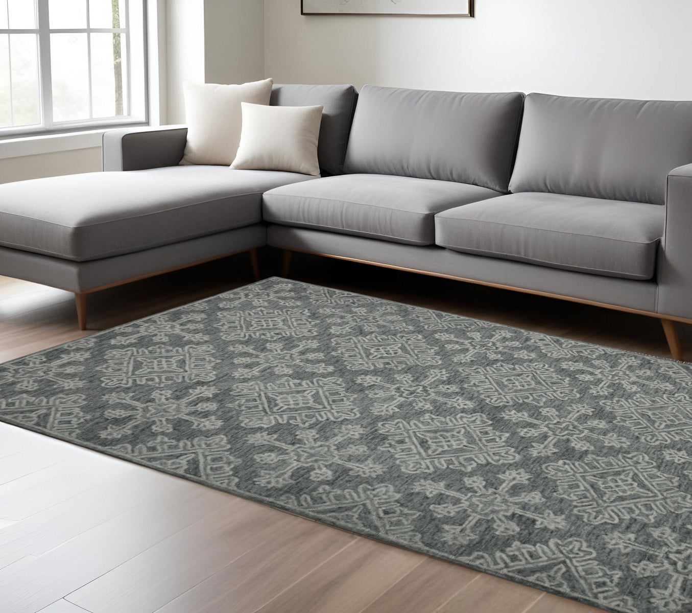 8 X 10 Graphite And Gray Wool Oriental Hand Hooked Area Rug