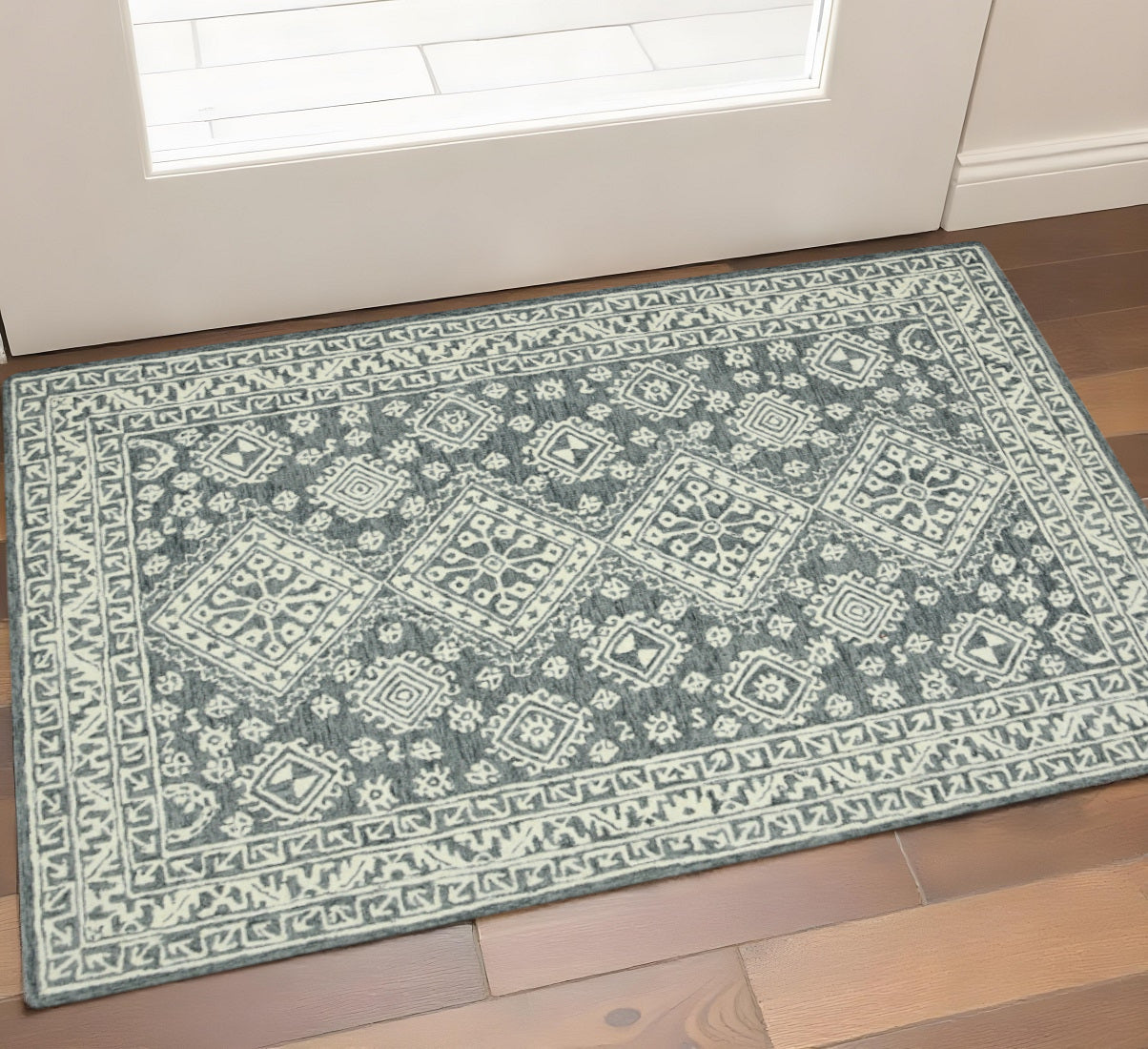2 X 3 Slate Gray And Ivory Wool Oriental Hand Hooked Area Rug