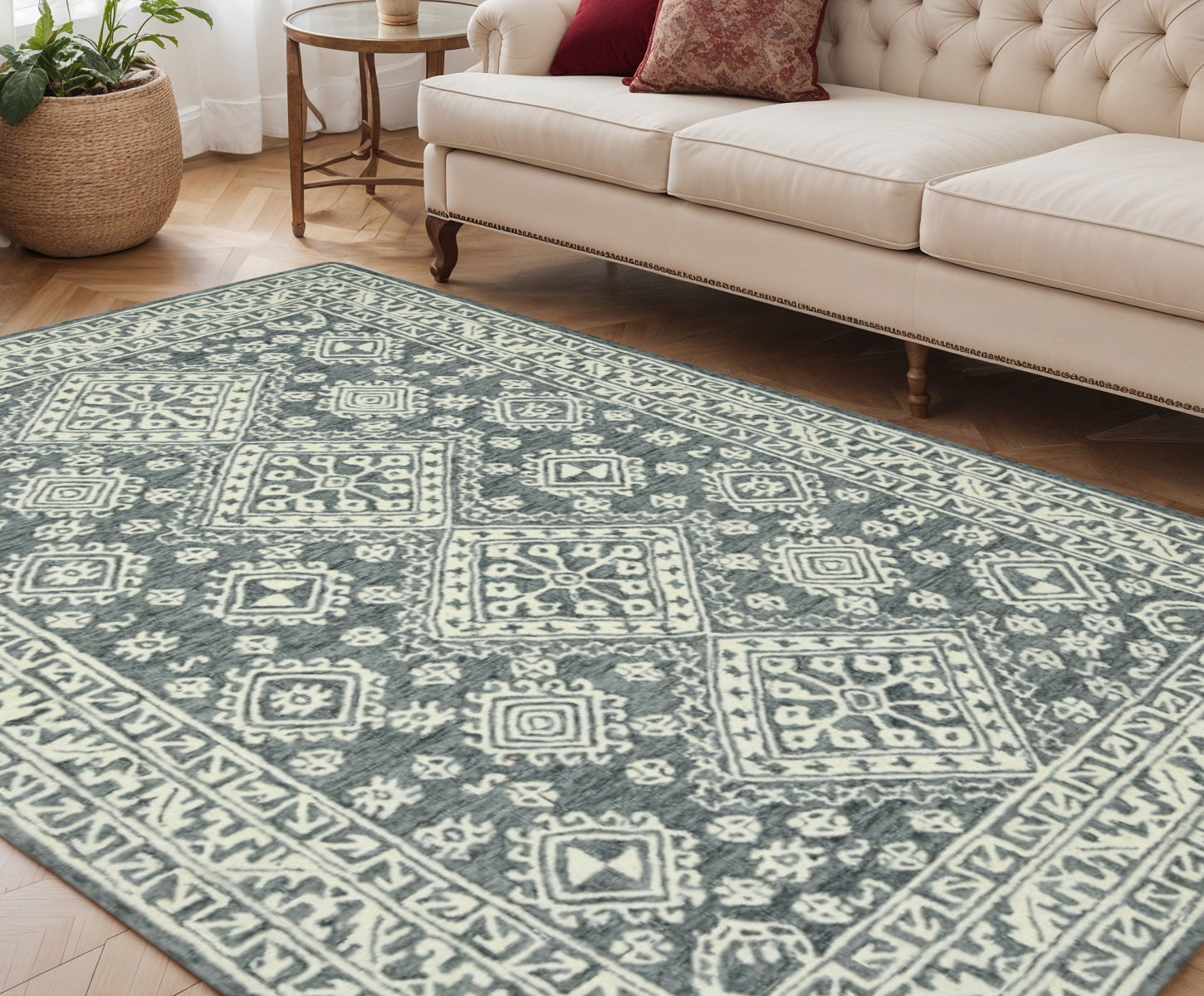 5 X 7 Slate Gray And Ivory Wool Oriental Hand Hooked Area Rug