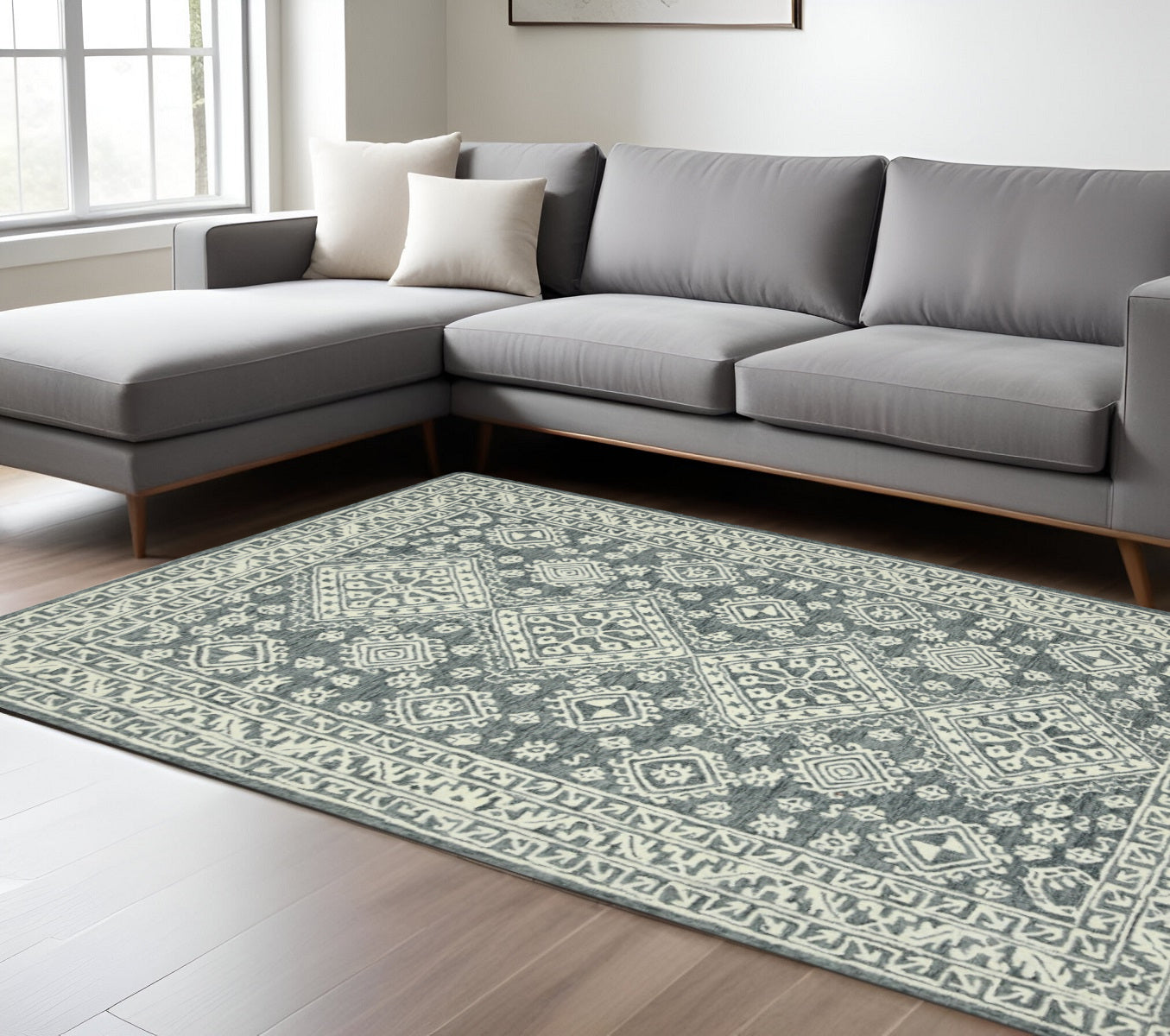 8 X 10 Slate Gray And Ivory Wool Oriental Hand Hooked Area Rug