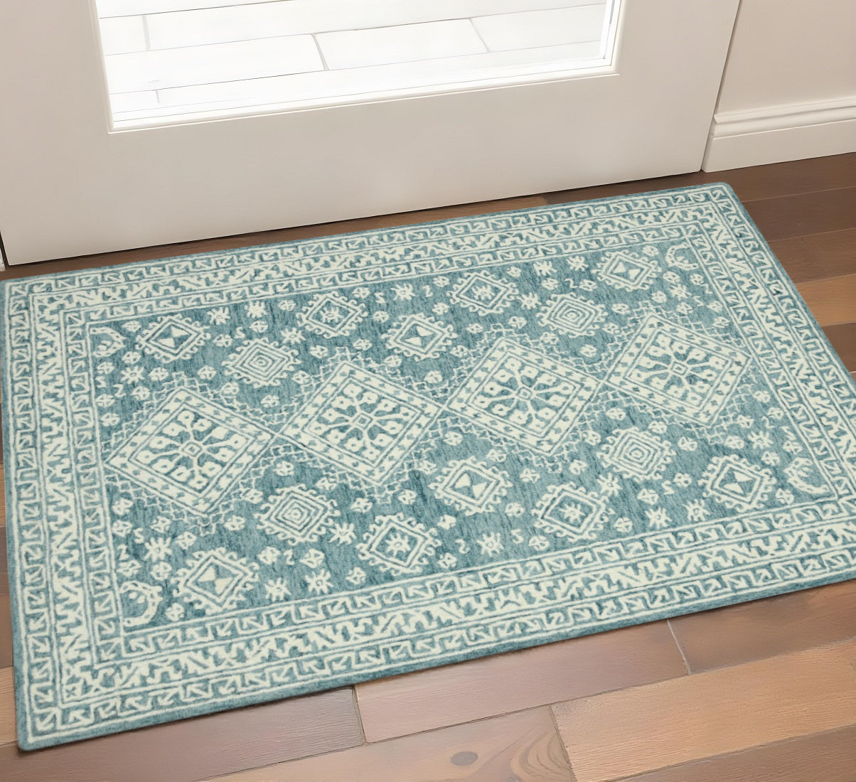 2 X 3 Aqua And Ivory Wool Oriental Hand Hooked Area Rug