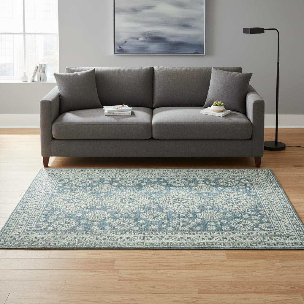 5 X 7 Aqua And Ivory Wool Geometric Hand Hooked Area Rug