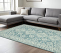 8 X 11 Aqua And Ivory Wool Oriental Hand Hooked Area Rug