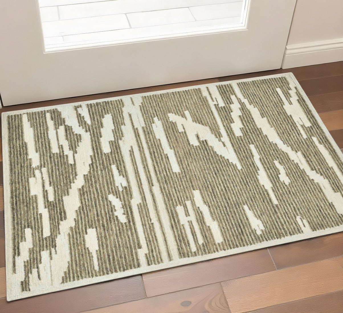 2 X 3 Beige And Brown Wool Abstract Hand Hooked Area Rug