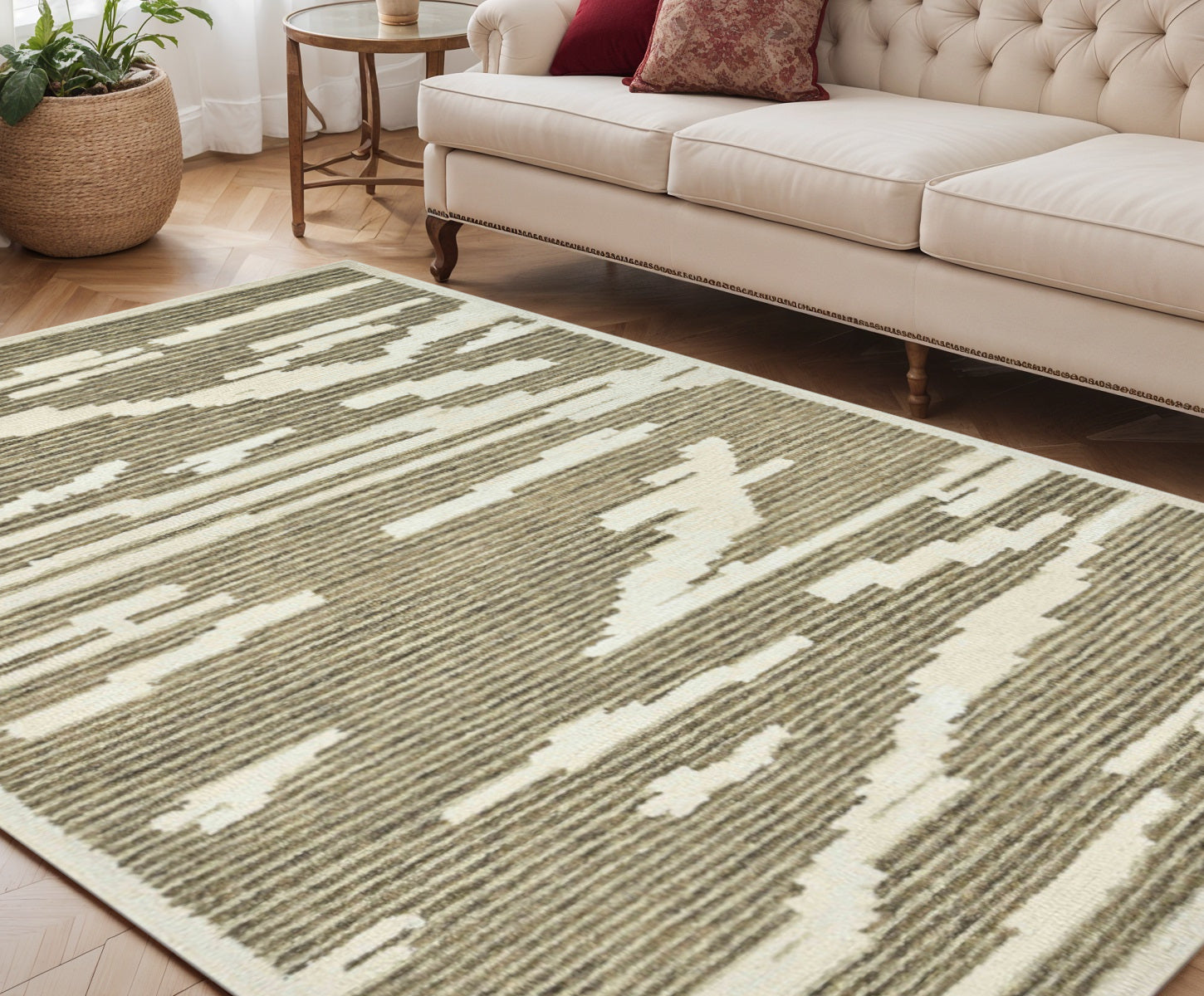 5 X 8 Beige And Brown Wool Abstract Hand Hooked Area Rug