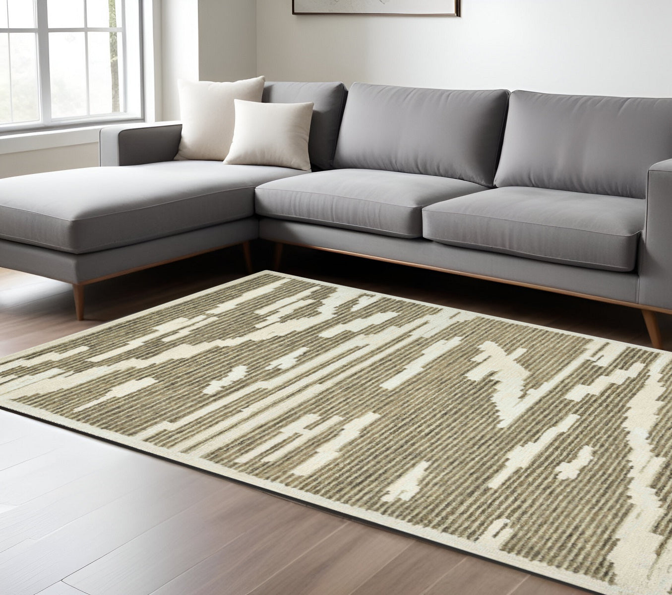 9 X 13 Beige And Brown Wool Abstract Hand Hooked Area Rug