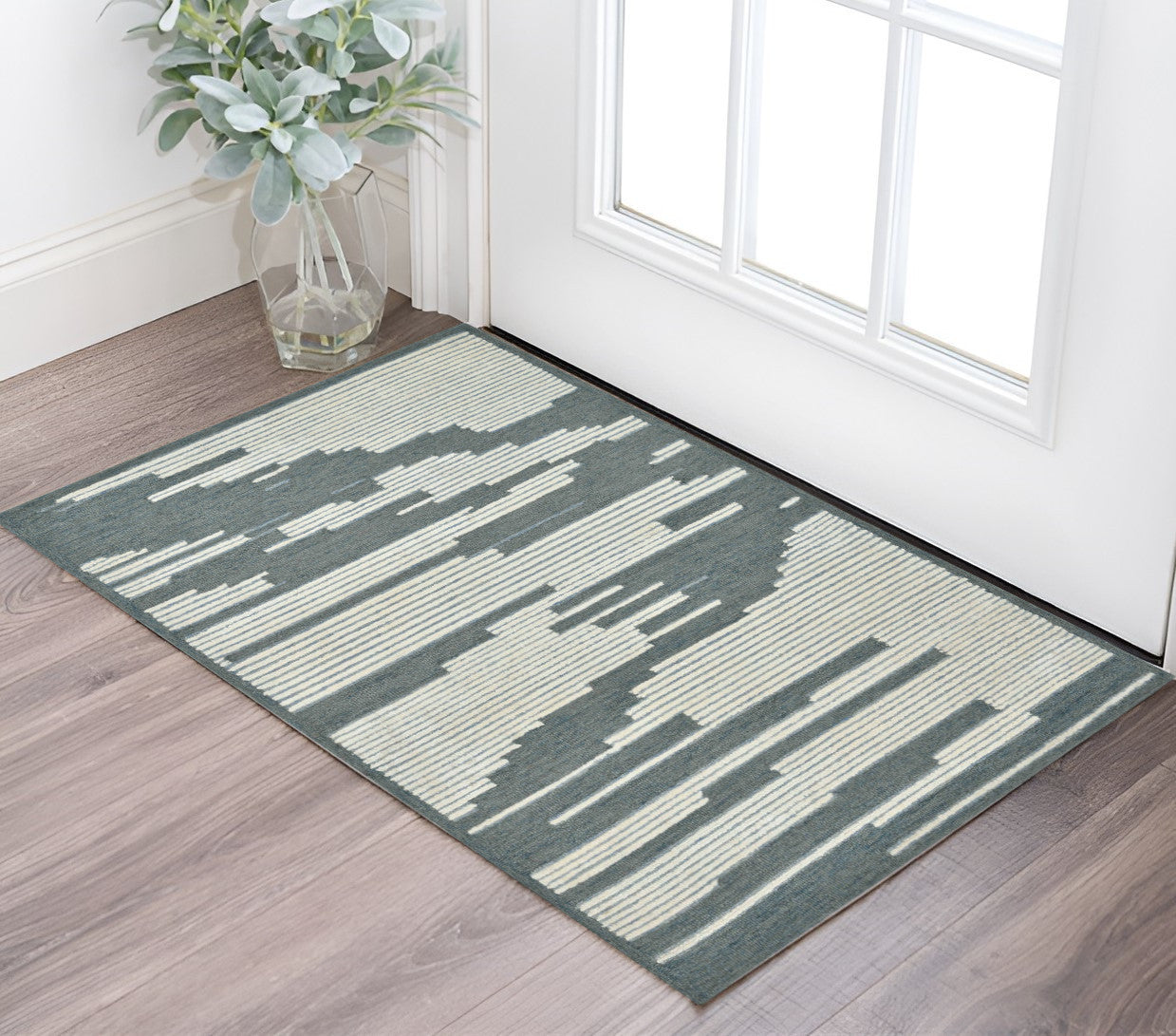 2 X 3 Blue And Ivory Wool Abstract Hand Hooked Area Rug