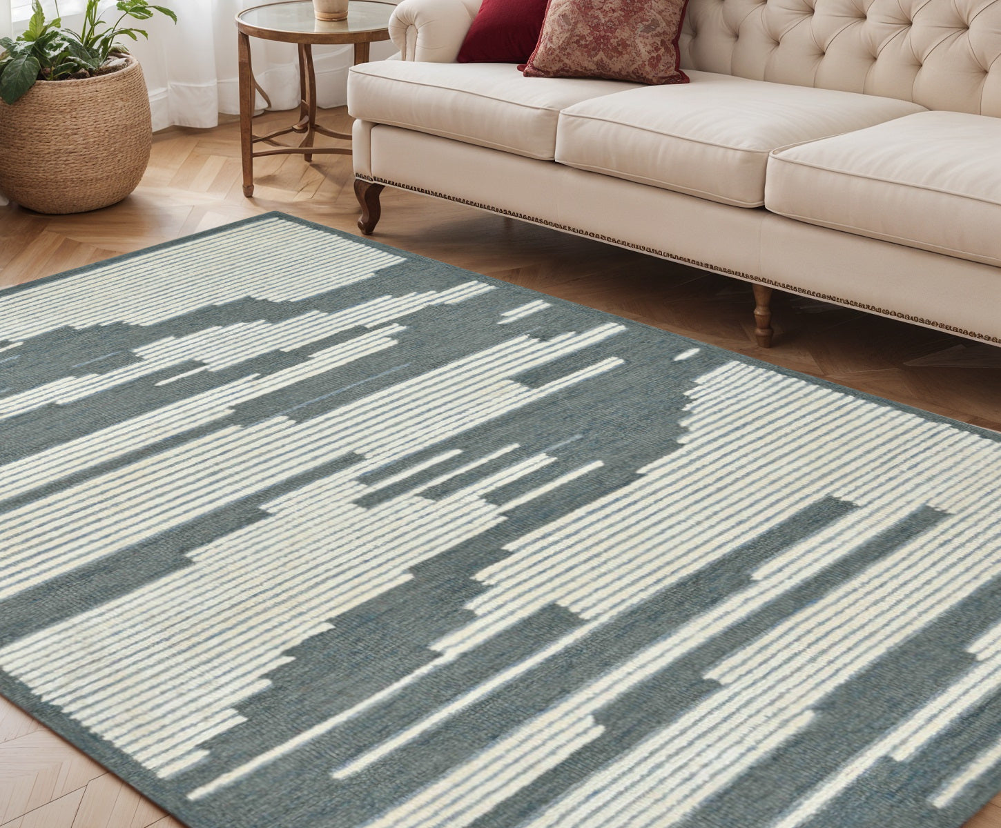 5 X 8 Blue And Ivory Wool Abstract Hand Hooked Area Rug