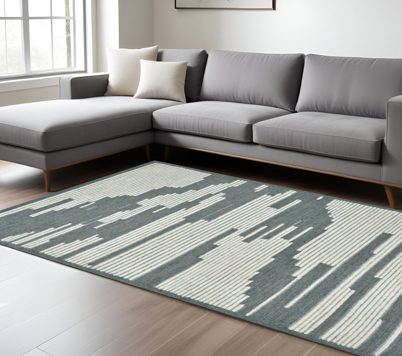 9 X 13 Blue And Ivory Wool Abstract Hand Hooked Area Rug