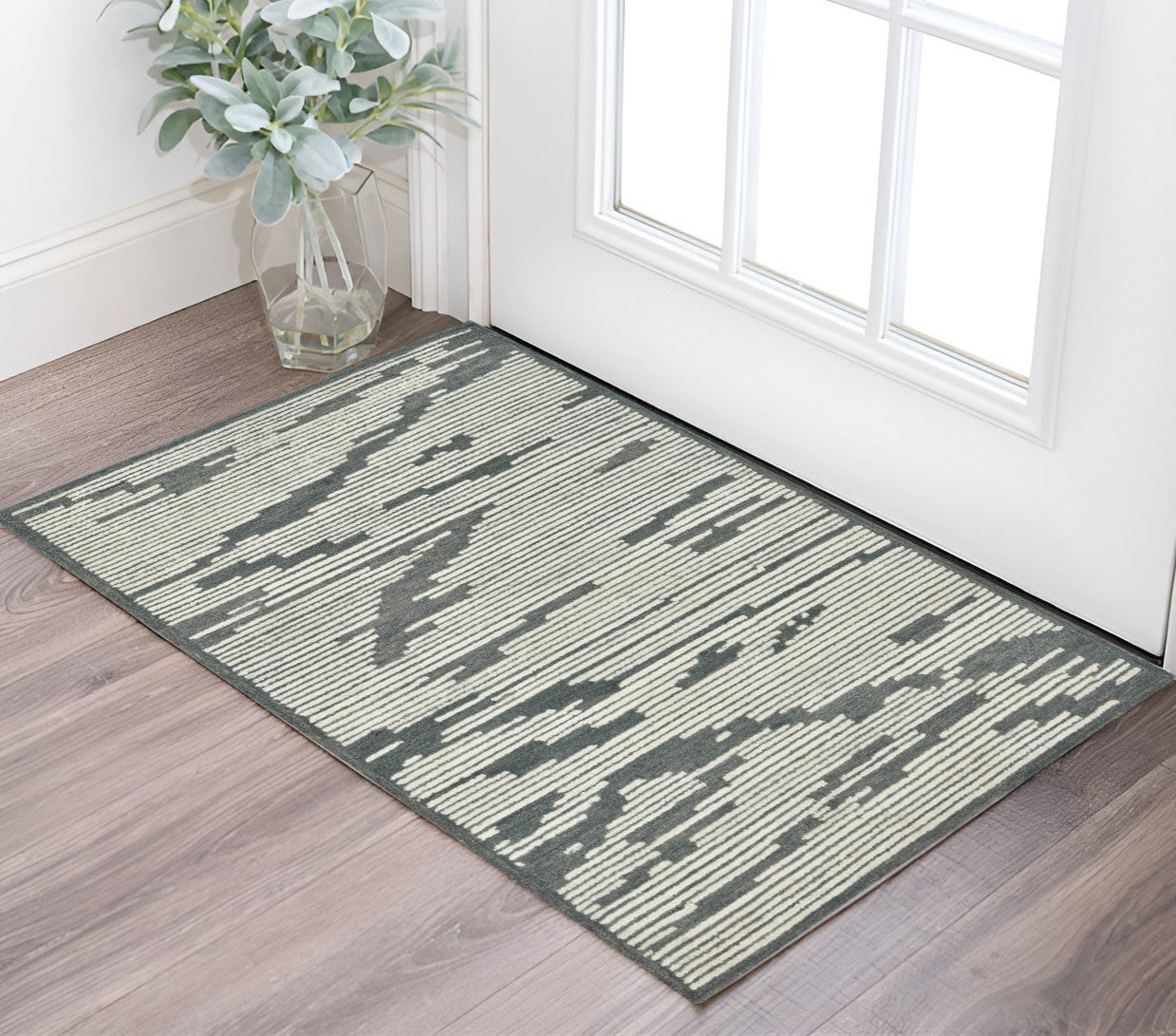 2 X 3 Dark Gray And Ivory Wool Abstract Hand Hooked Area Rug