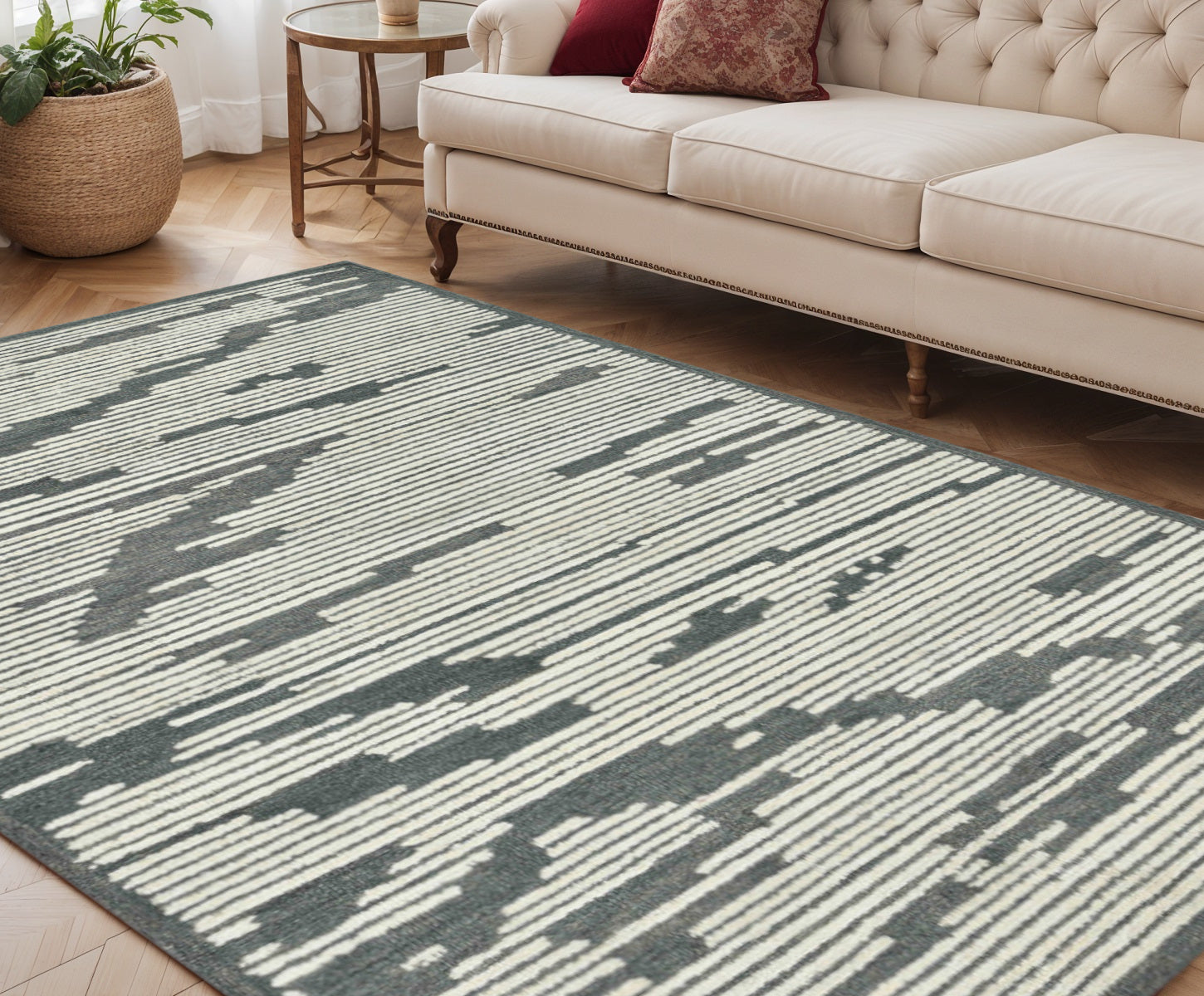 5 X 8 Dark Gray And Ivory Wool Abstract Hand Hooked Area Rug